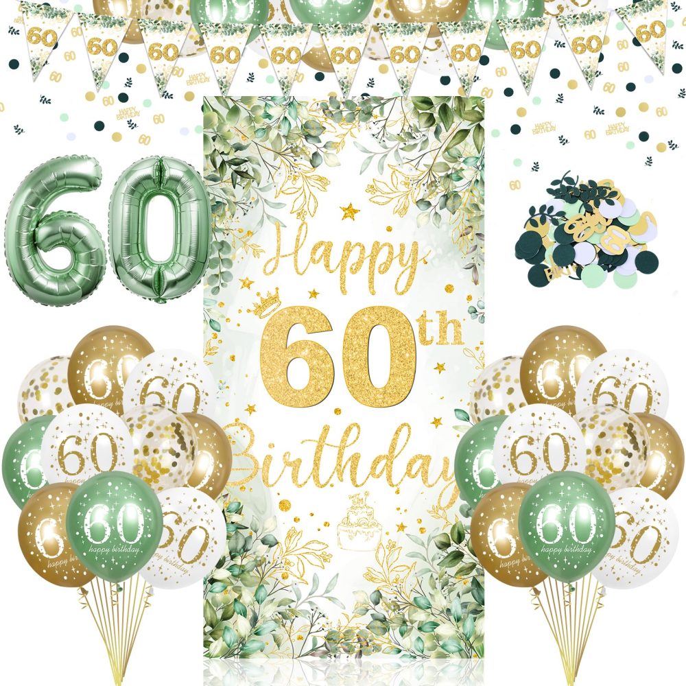 60th Birthday Party Decorations for Women Men, Sage Green Happy 60th Birthday Decorations Green Gold 60th Birthday Door Banner Number 60 Foil Balloons for 60 Year Old Birthday Party Decor Supplies