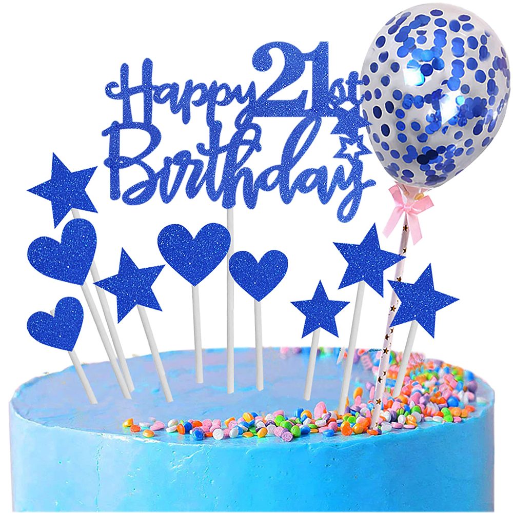 Zayin Personalised Happy 21th Birthday Cake Topper Set,Happy Birthday Sign for Cake,11p Glitter Balloon Stars Heart Cupcake Topper 21th Birthday Cake Party Decoration(21 year old, Royal Blue)