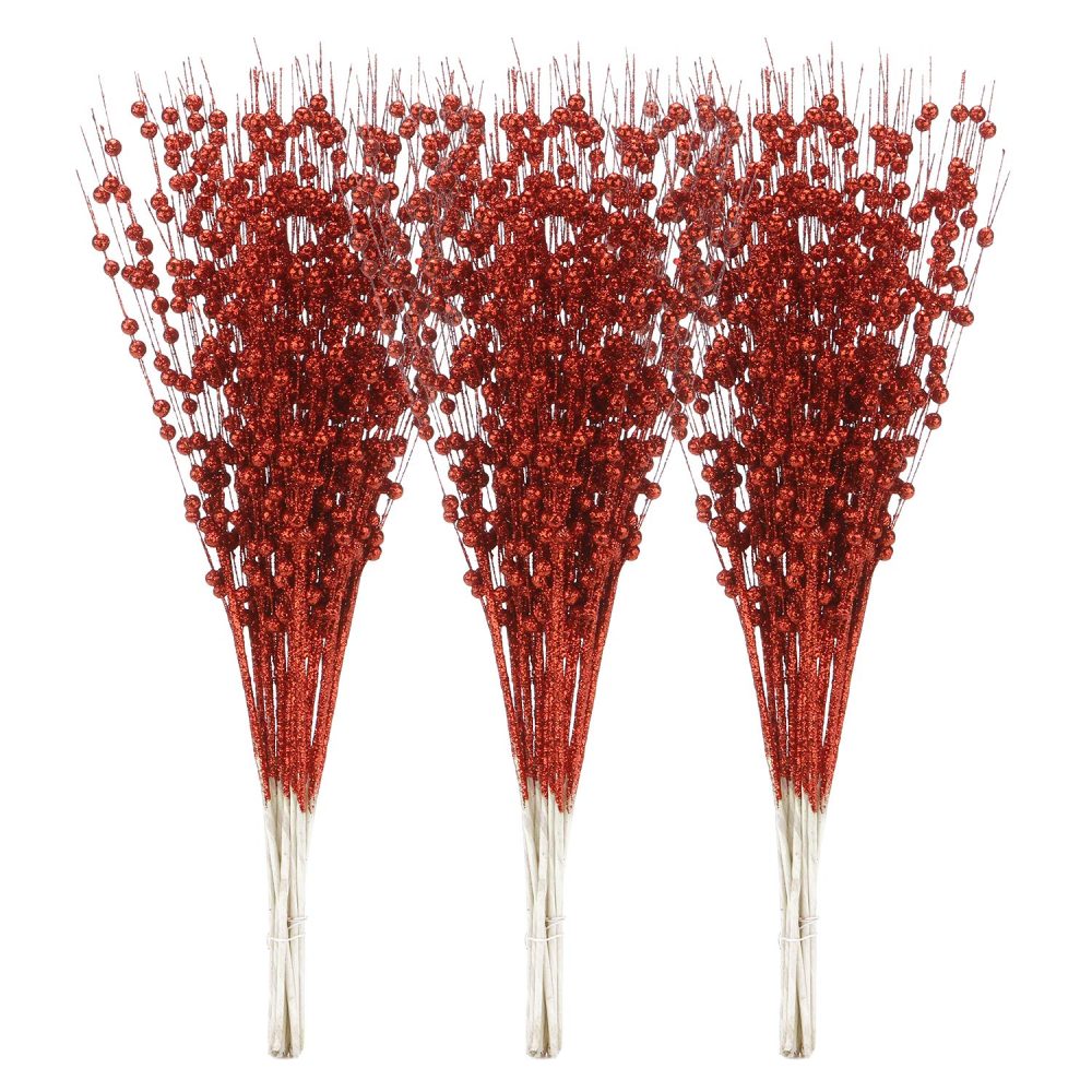 Sea Team 24-Pack Artificial Glitter Berry Stem Ornaments, Decorative Bead Sticks, Glittery Twigs, Picks, Branches for Christmas Tree, Small Vase, Holiday, Wedding, Party (17 Inches, Red)