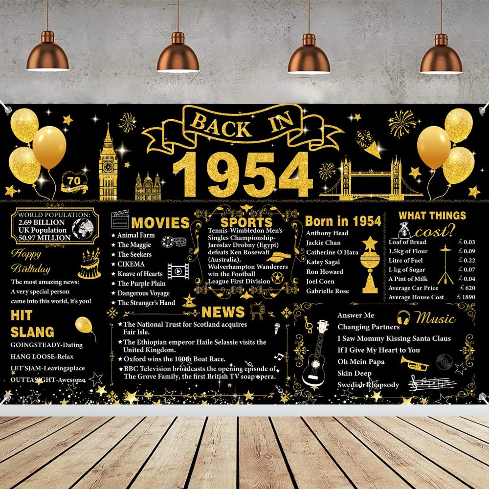 70th Birthday Decorations Black Gold, Back in 1954 Poster UK Happy 70th Birthday Decorations, Large Back in 1954 Backdrop Banner, 70 Years Anniversary Home Decor for Women Men