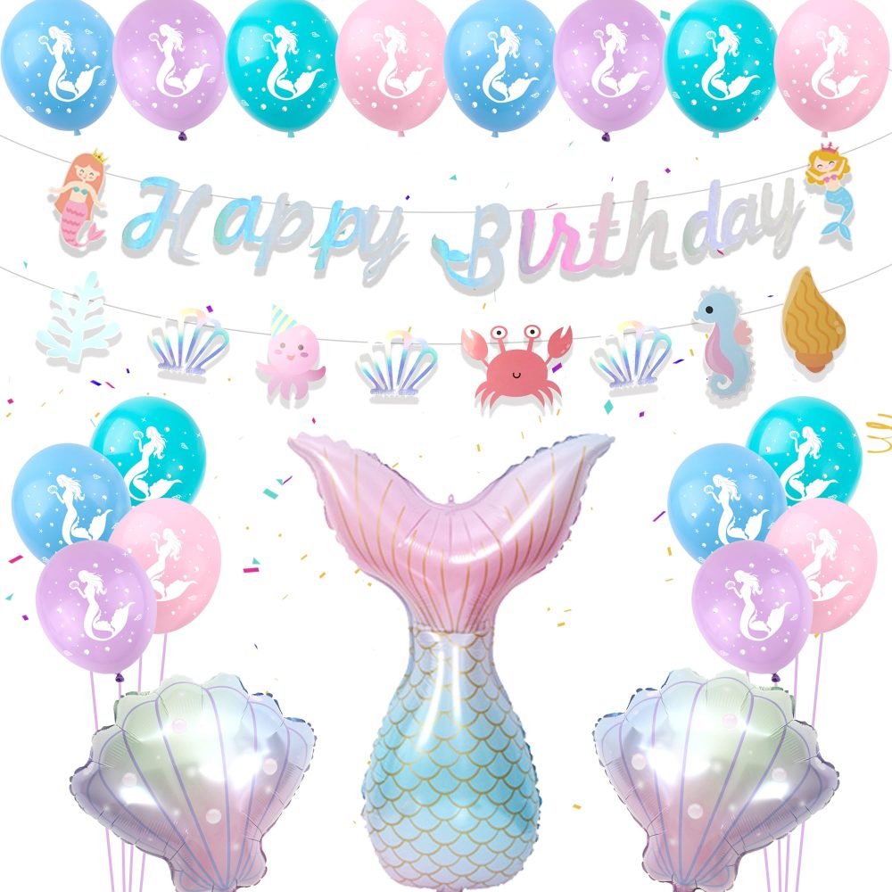 Mermaid Balloons Mermaid Birthday Decoration - 28 Pieces Mermaid Party Decorations, Mermaid Tail Balloon, Shell Balloon, Round Foil Balloon, Latex Balloons, For Kids Girls Birthday Mermaid Theme Party