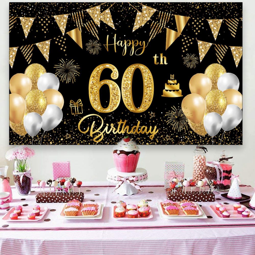 60th Birthday Decorations for Men Women Black Gold Happy Birthday Backdrop Banner Photography Background Birthday Party Supplies Gifts 180x110CM (60th-Birthday) - Image 2