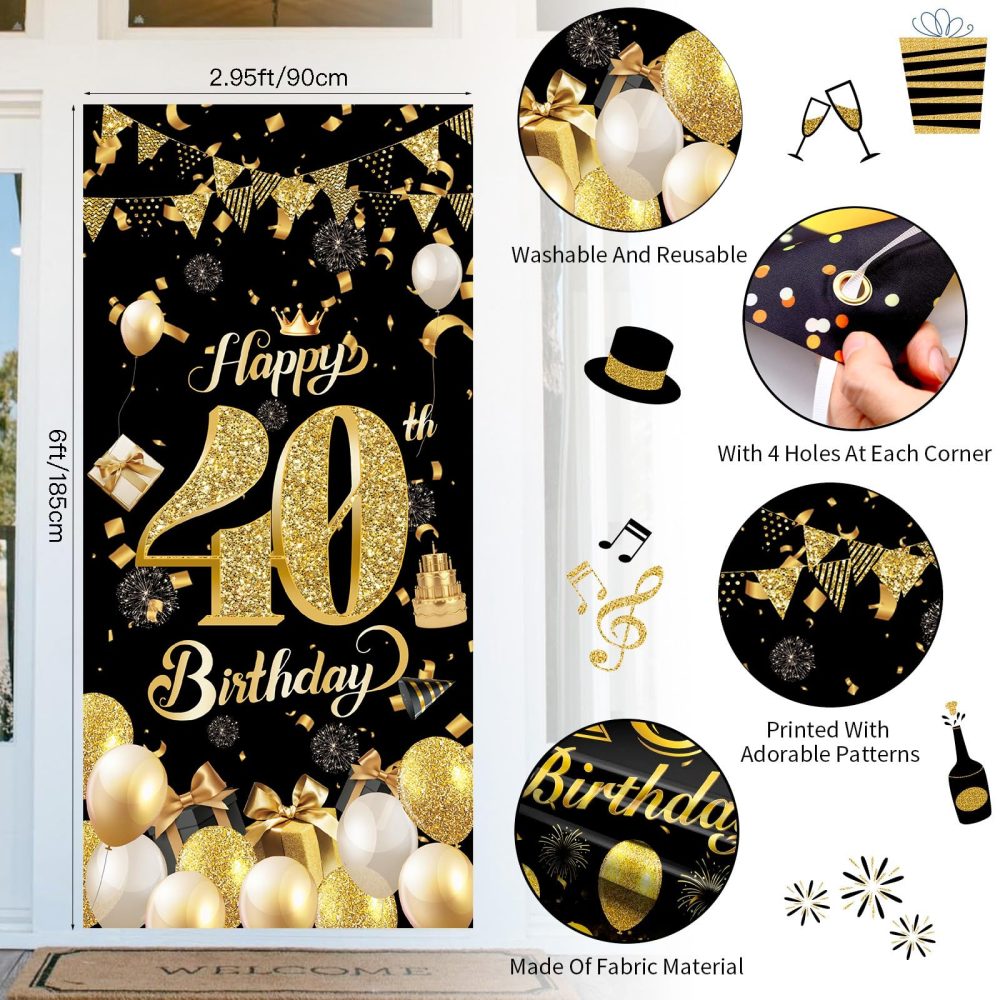 40th Birthday Door Banner,Black Gold 40th Birthday Decorations,Happy 40th Birthday Party Backdrop Banner,40th Birthday Door Hanging Banner for Women Men Birthday Party Photo Booth Supplies(90*185cm) - Image 5