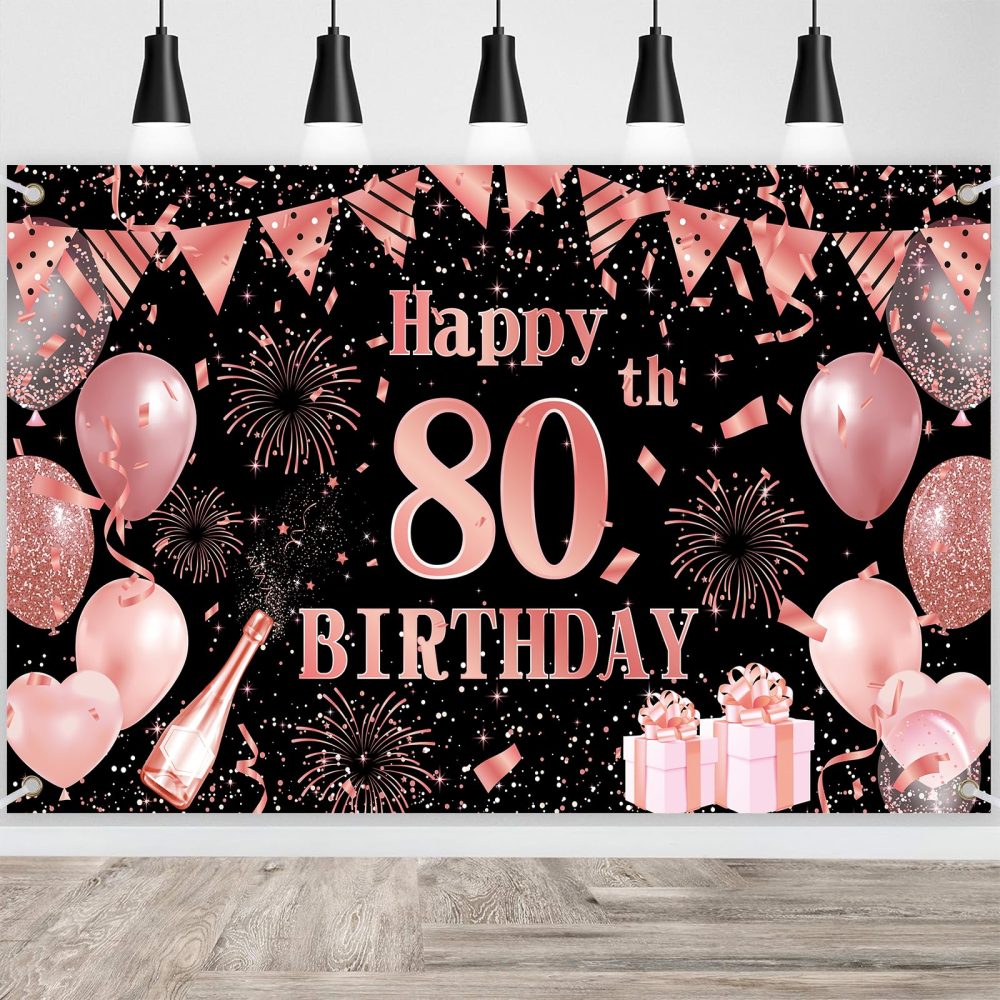 Happy 80th Birthday Backdrop Banner, Black Rose Gold Birthday Party Decoration, Large 80th Birthday Sign Poster Photo Booth Background for Women Men Birthday Party Decor