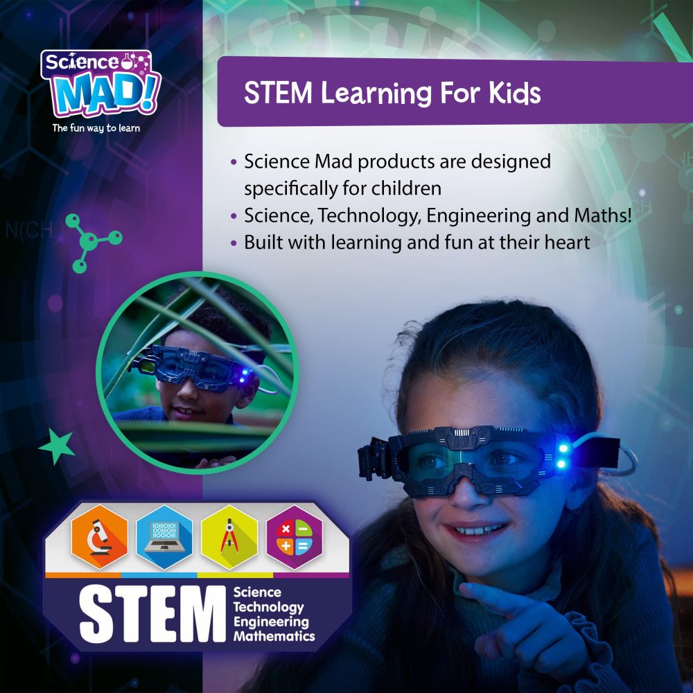 Science MAD! Night Vision Goggles For Kids - For Fun Night Missions - Lightweight, Flip Out Scope, 2x Magnification, Twin LED Beams, Blue Lenses, 6+ Years, ‎20 x 10 x 5.5 cm (SM55) , Black - Image 5