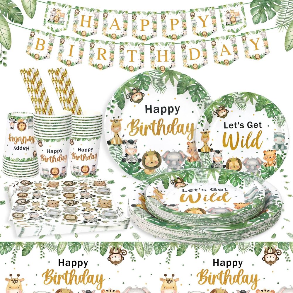 Jungle Safari Party Decorations Tableware Set for 25 Guests, Safari Birthday Decorations 127pcs Jungle Theme Party Decorations Birthday Plates,Cups,Table cloth,Banner for Kids Birthday Party Supplies