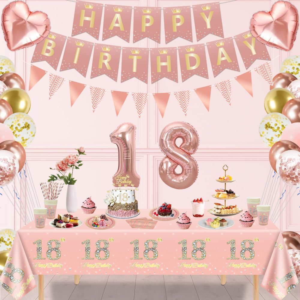 179 PCS 18th Birthday Decorations for Girls Rose Gold 18th Birthday Party Decoration Happy 18th Birthday Supplies Tableware Set-Plates, Napkins, Pink 18th Birthday Banner for 20 Guests - Image 7