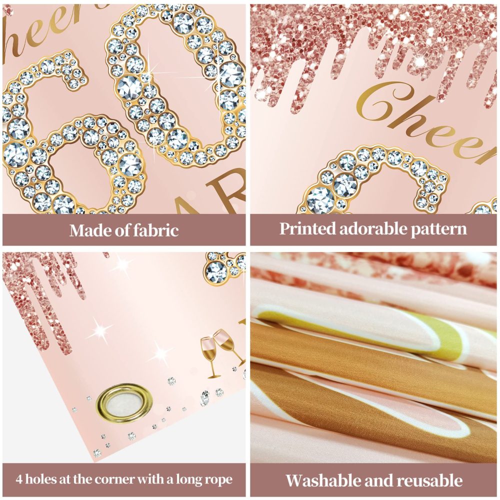 Large Cheers to 60 Years Birthday Decorations for Women, Pink Rose Gold Happy 60th Birthday Banner Backdrop Party Supplies, Sixty Birthday Poster Background Sign Decor - Image 2