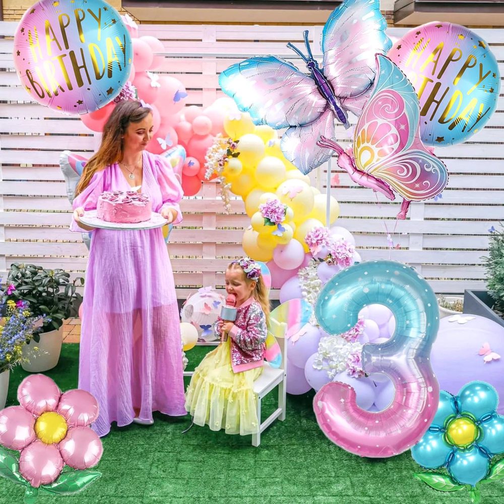 Oynearo Butterfly Balloons 3rd Birthday Decorations for Girl Flowers Balloon and Round Gradient Balloons for Birthday Baby Shower Party Supplies Decor（Number 3） - Image 3