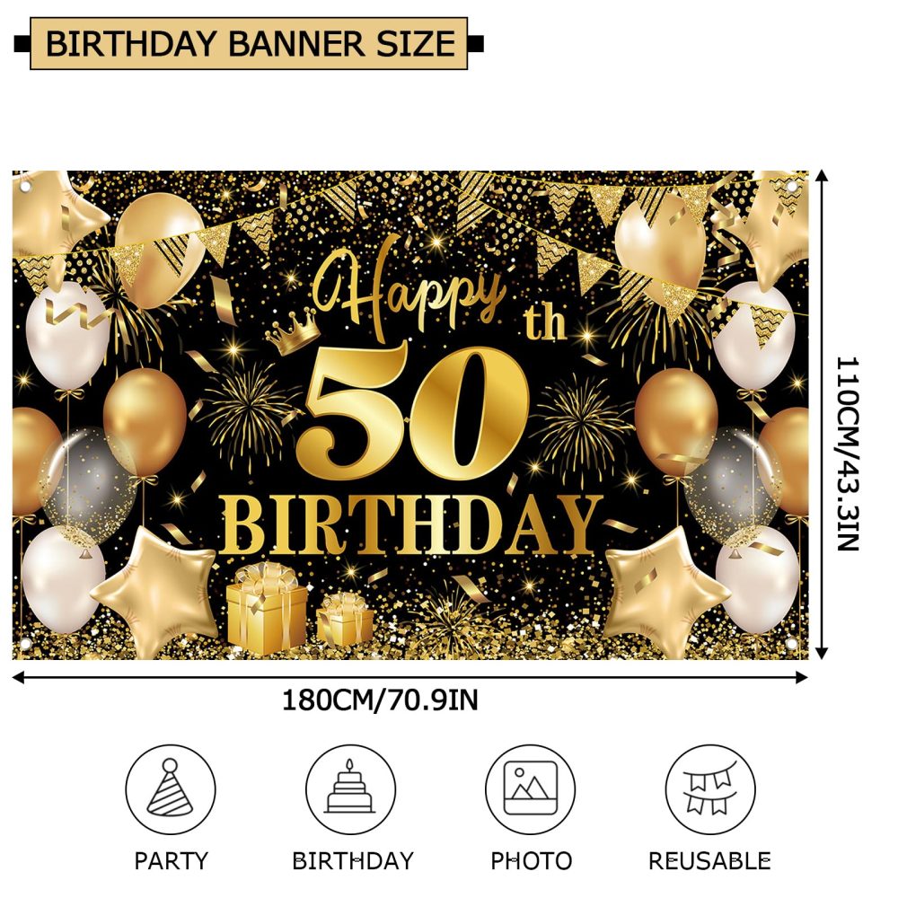 Zercart 50th Birthday Banner, Black and Gold Happy 50th Birthday Backdrop Banner,50th Birthday Party Decorations Banner for Men Women Birthday Anniversary Party Supplies (180x110cm) - Image 5