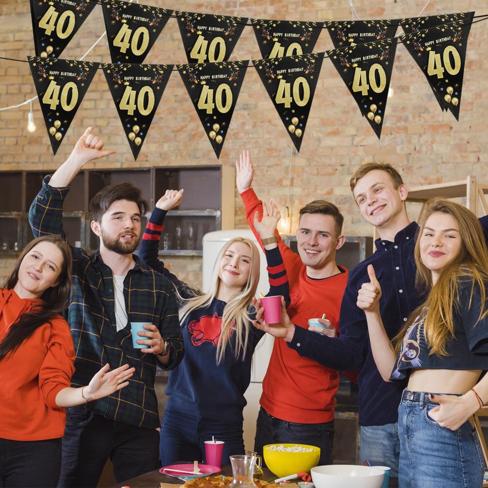 Happy 40th Birthday Banner Black Happy Birthday Banner Black Gold Party Decorations Bunting Flags Anniversary Party Supplies Decoration 40th Birthday Triangle Flag Banners for Men Women A8HJSJLQ (40) - Image 4