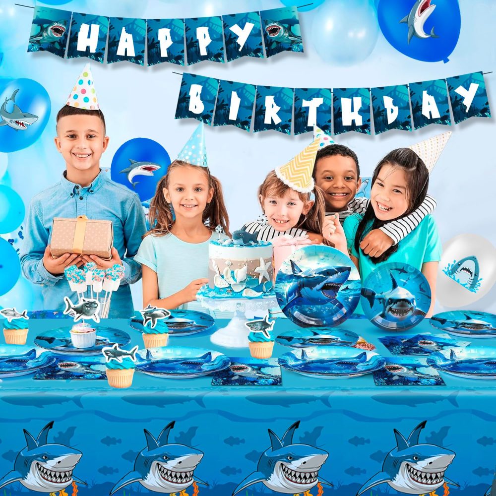 Shark Party Supplies,111pcs Shark Theme Party Tableware&Ocean Party Decorations Set- Shark Birthday Plates Tablecover Cups Banner Balloons etc Shark Ocean Party Supplies for Under The Sea Party Decor - Image 5
