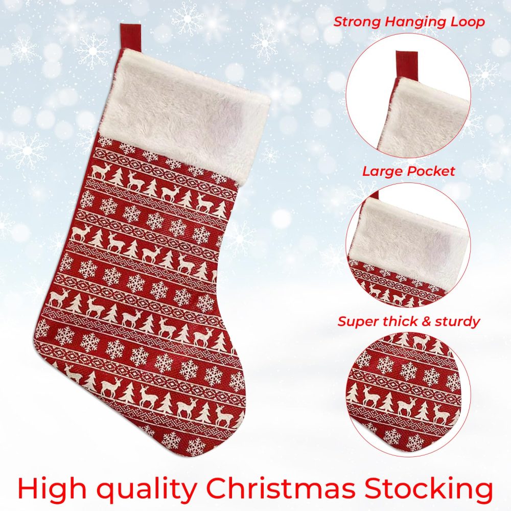 Trimming Shop Deep Red Christmas Stocking with Reindeer Motif | Large Velvet Santa Sock for Hanging Gift & Candy Pouch | Xmas Tree & Fireplace Holiday Party & Home Decorations - Image 8