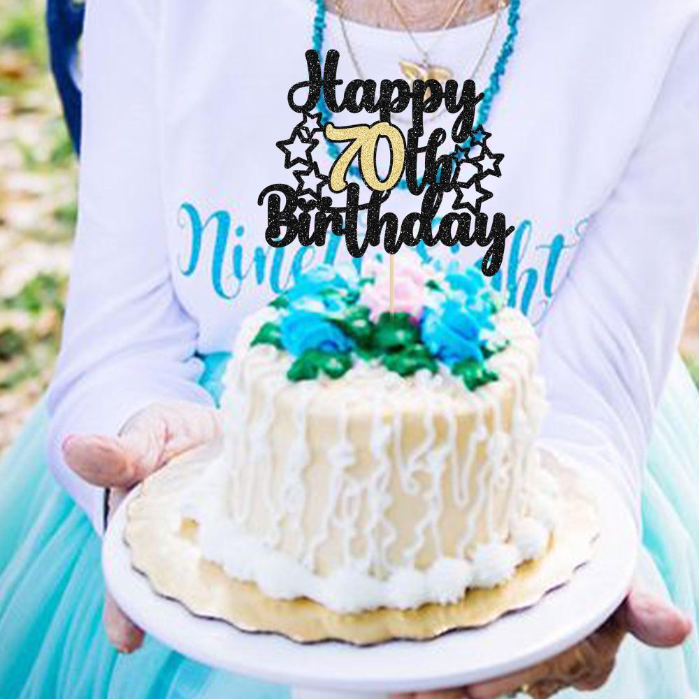 Gyufise 1Pc Happy 70th Birthday Cake Topper Black Gold Glitter Cheers to 70 Years Birthday Cake Pick 70 Fabulous Cake Decoration for Birthday Theme Happy 70th Birthday Party Supplies - Image 5