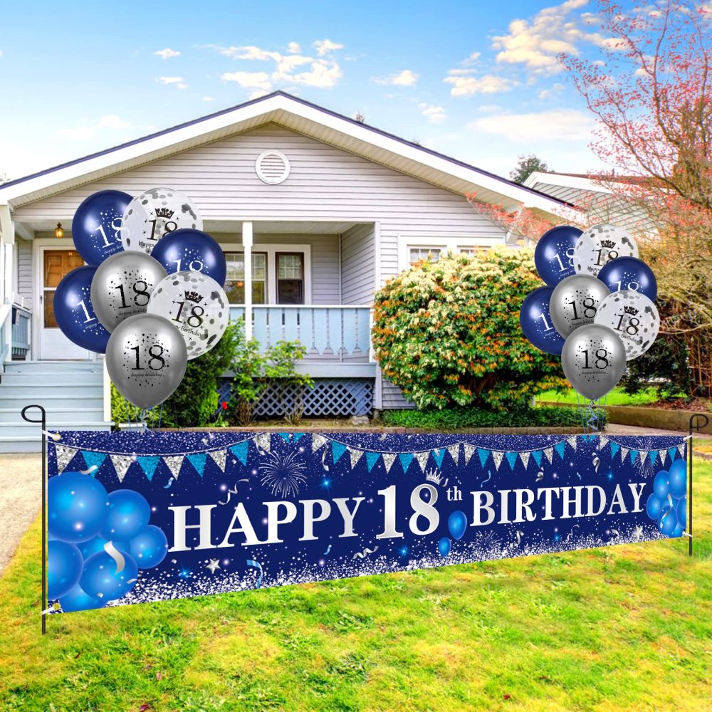 Blue 18th Birthday Decorations for Boys Girls, Navy Blue Silver Happy 18th Birthday Banner and 18th Birthday Balloons for 18th Birthday Anniversary Party Supplies, Eighteen Year Old Party Decorations - Image 2