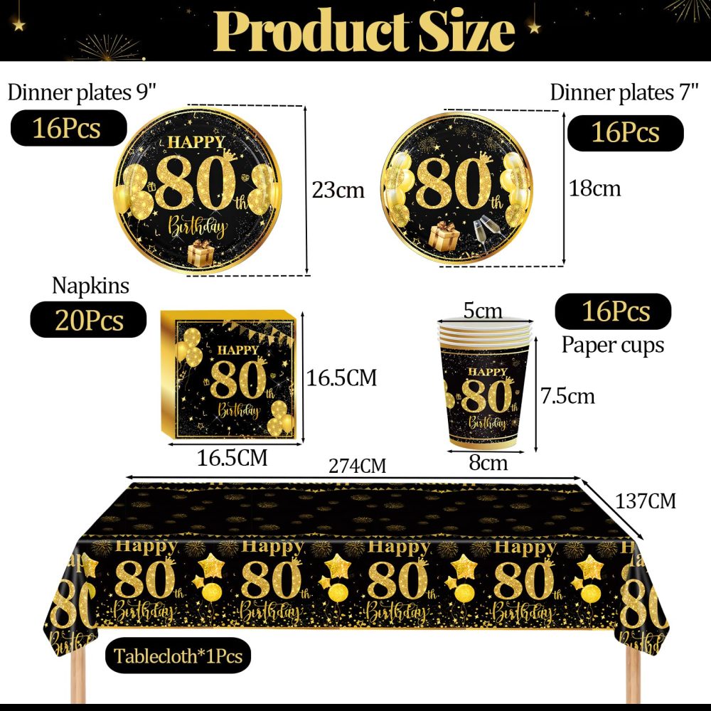 69pcs Black Gold 80th Birthday Decorations for Men Women,80th Birthday Tableware Tablecloth Paper Plates Napkins Serviettes and Cups for 80th Birthday Table Decorations for Him,Her 80th Birthday Gifts - Image 7