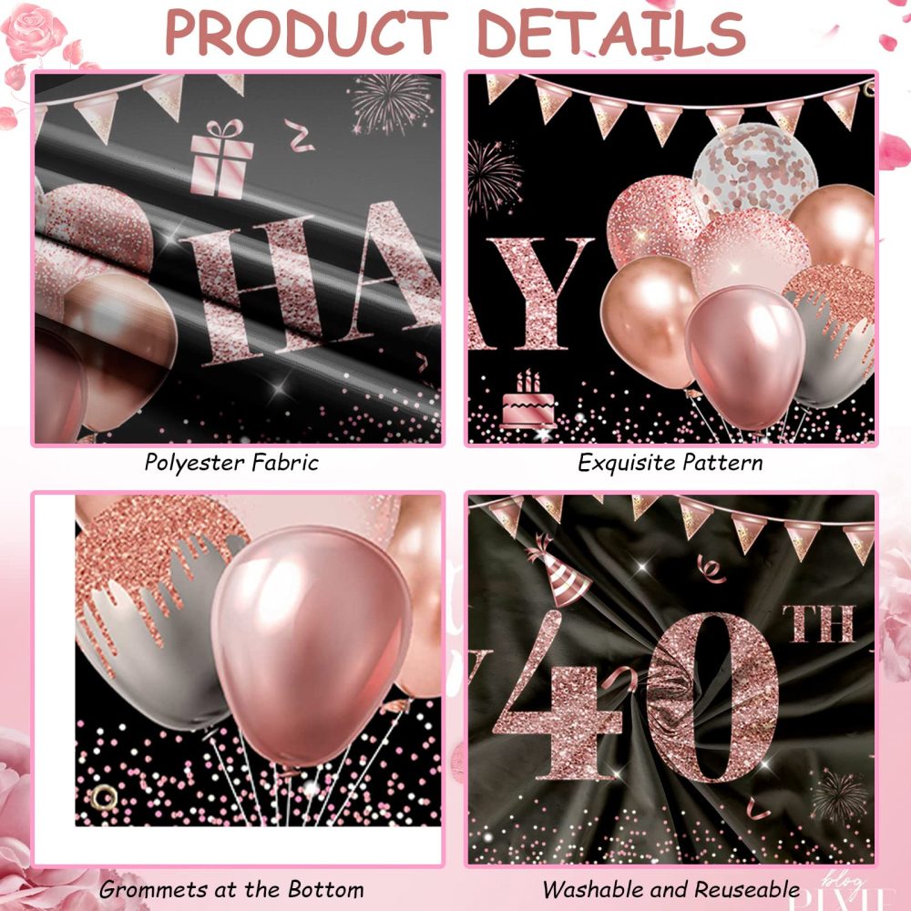 TUTUXMA Large Happy 40th Birthday Banner Black and Rose Gold Yard Sign Birthday Banner for Women Girl 40th Birthday Photo Backgroud Party Indoor Outdoor Decorations Supplies 118 × 19.6 Inch - Image 6