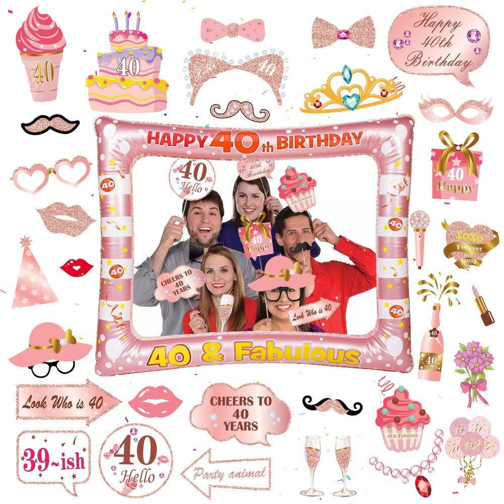 Rose Gold 40th Photo Props - 34 Pieces 40th Birthday Decorations Rose Gold Inflatable Selfie Frame 40th Birthday Photo Booth Props for Women Men 40th Birthday Party Supplies