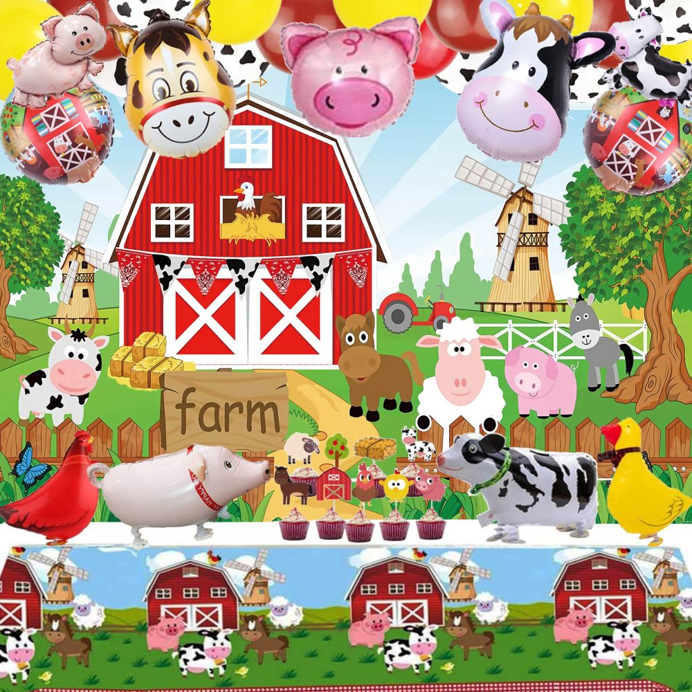 Farm Animals Theme Party Decorations Farm Barn Animals Backdrop Banner Farmhouse Animals Decor Party Tablecloth Cupcake Toppers Balloon Arch Garland Kit for Kids Farm Animals Cow Theme Party Supplies
