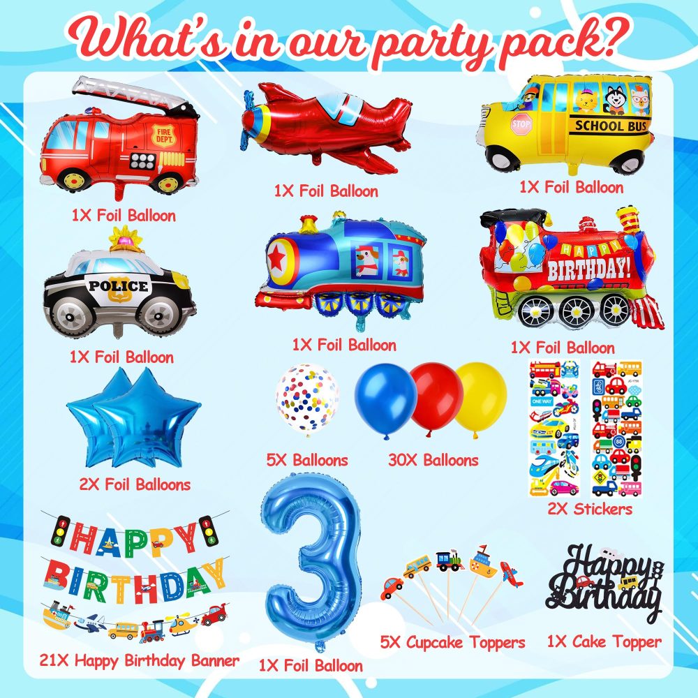 Transportation 3rd Birthday Decorations Boy - Transport Vehicle Themed Party Set Includes Banner Cake Topper Stickers Latex Train Plane Fire Truck Balloons for 3 Year Old Boys Cars Party Supplies - Image 7