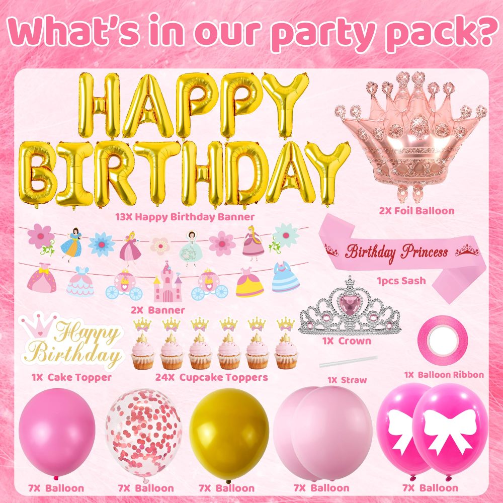 Princess Party Decorations - Princess Party Supplies Set Includes Banners Crown Balloons Latex Balloons Sash Crown Cake Topper Cupcake Toppers Suitable for Girls Birthday Decorations - Image 7