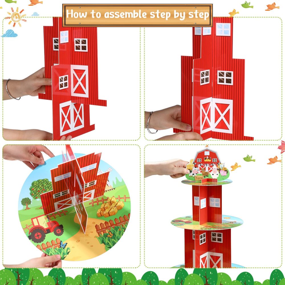 Farm Cupcake Stand 3 Tier Farm Theme Animal Cup Cake Holder Stand Cardboard Farmhouse Dessert Tower Round Barnyard Pastry Serving Platter for Farm Party Supplies Birthday Baby Shower Party Decorations - Image 5