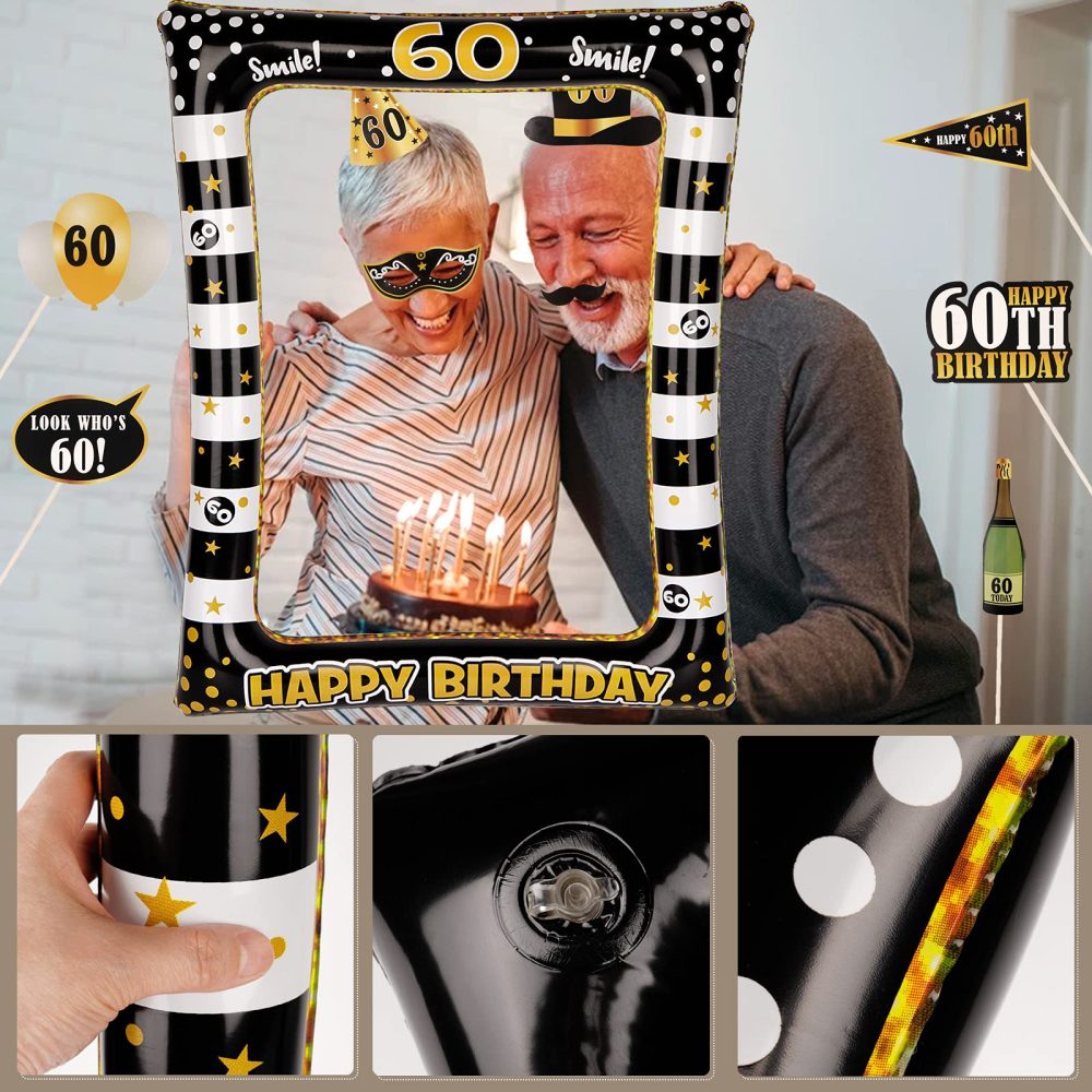 (24Pcs)60th Birthday Party Inflatable Frame and Photo Booth Props for Her Him Forty Birthday Gold and Black Decorations Family Fun Holiday Party Supplies Theme Party Kit - Image 4
