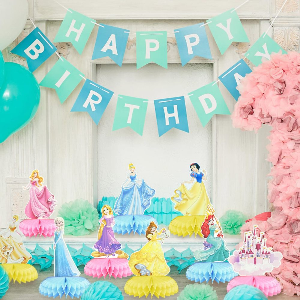 BLLREMIPSUR 9 Pieces Cute Princess Honeycomb Centerpiece, Princess Themed Birthday Party Decorations Kids Birthday Party Cake Dessert Party Supplies Photo Booth Props Party Table Decoration - Image 4