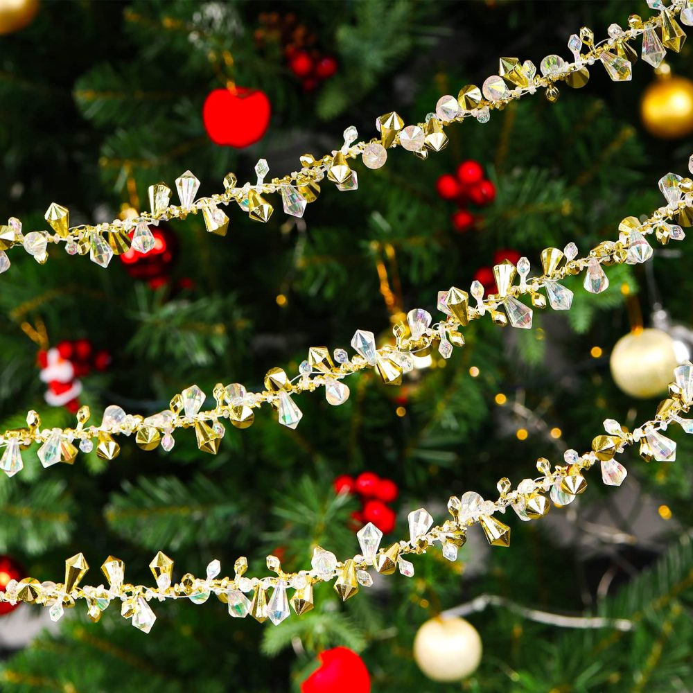 Fowecelt Christmas Tree Beads Garland - 20 Feet Clear Crystal Acrylic Iridescent, Gold Bead Garland for Christmas Tree, Twist Bead String Hanging Beads for Wedding Party Decoration - Image 5