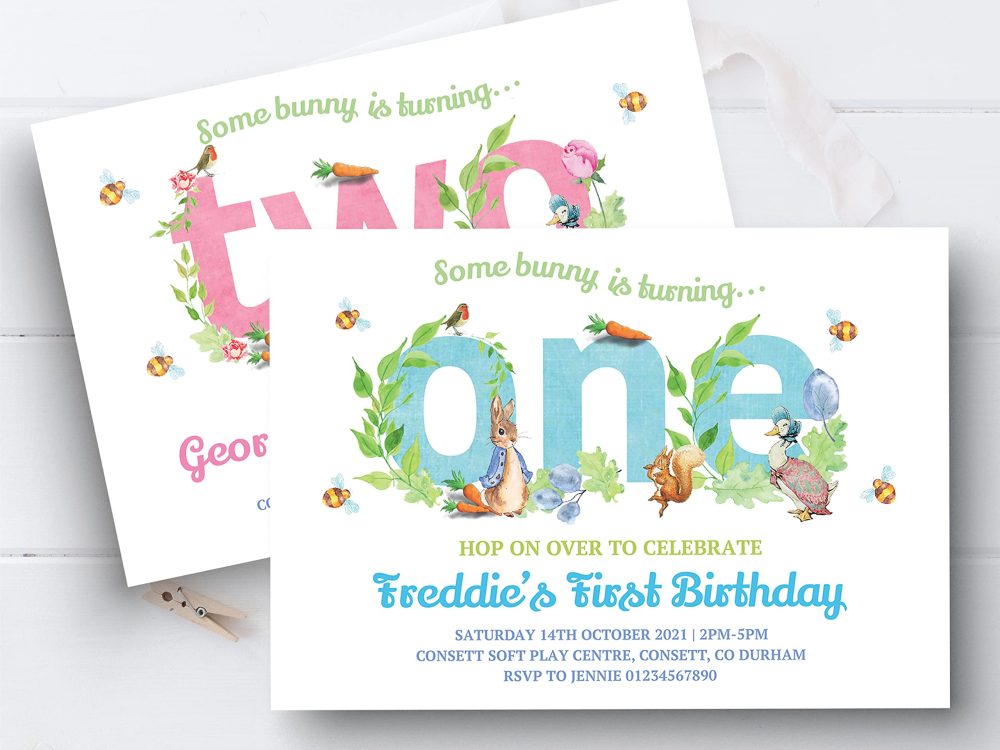10 Personalised Peter Rabbit Kids Boy Girl 1st First Birthday Party Invitations Invites ANY AGE