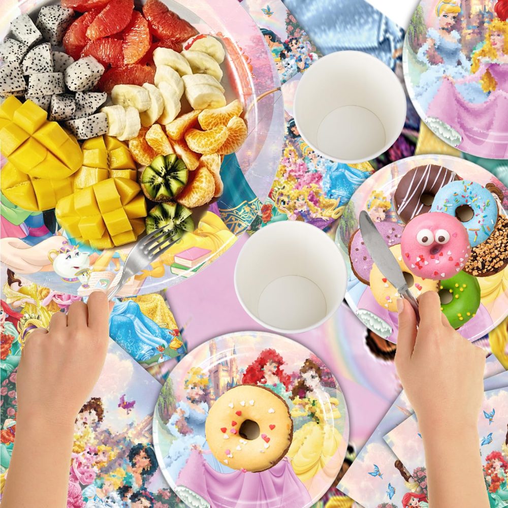 51PCS Princess Party Tableware Set, Princess Birthday Party Decorations with Party Paper Plates Cups and Napkins Tablecloth, Pink Party Supplies for Kids Girls, 10 Guests - Image 4
