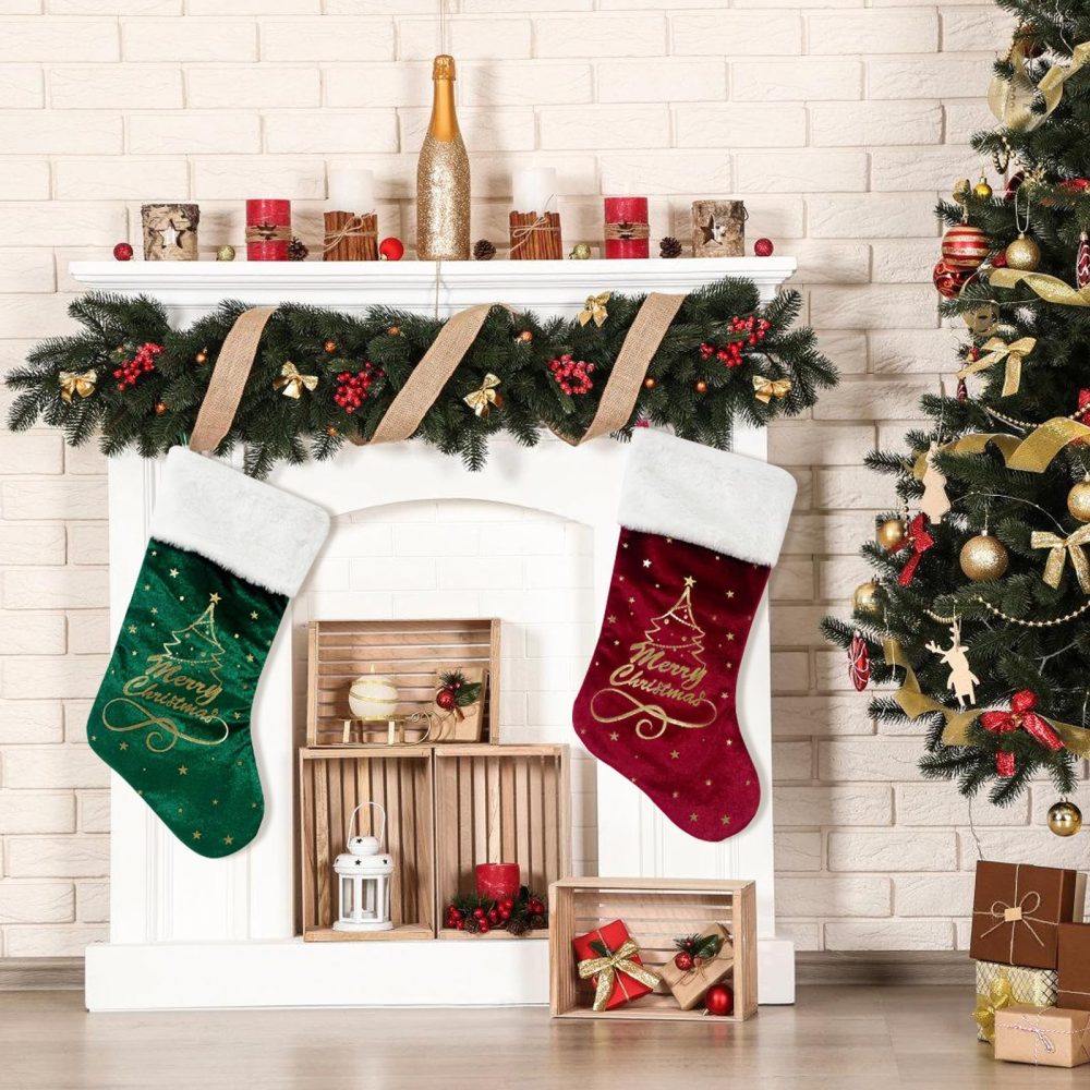 Christmas Stocking Set,Velvet Christmas Stockings,Red Green Velvet Stocking,Embroidered Patterned Large Xmas Stockings,Hanging Stockings Ornamemts for Family Christmas Holiday Party Decorations - Image 2
