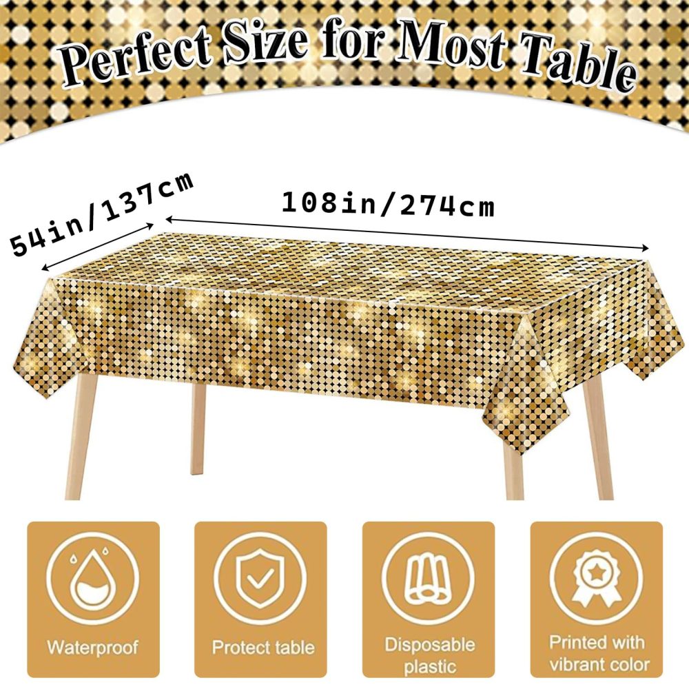 MORAINJAY 3Pcs Disco Table Cloths,137 * 274cm Las Vegas Table Covers,Golden Sequin Plastic Tablecloth Casino Table Decoration for 70s 80s 90s Disco Birthday Party Supplies - Image 7