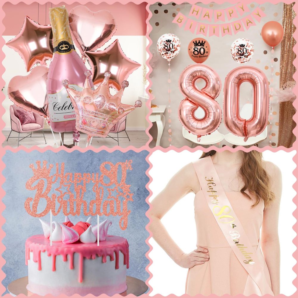 80th Birthday Decorations, 80th Birthday Decorations for Women, WKxinxuan 80th Birthday Banner 80 Balloons 80th Cake Topper 80th Sash Champagne Crown Foil Balloon for Her - Image 5