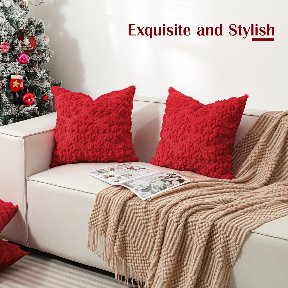 Lewondr Christmas Throw Pillow Cover 18x18, Set of 2 Super Soft Faux Fur Throw Pillow Covers Velvet 3D Snowflakes Embroidery Decorative Throw Pillowcase for Living Room Bed Couch Home Decor, Red - Image 7