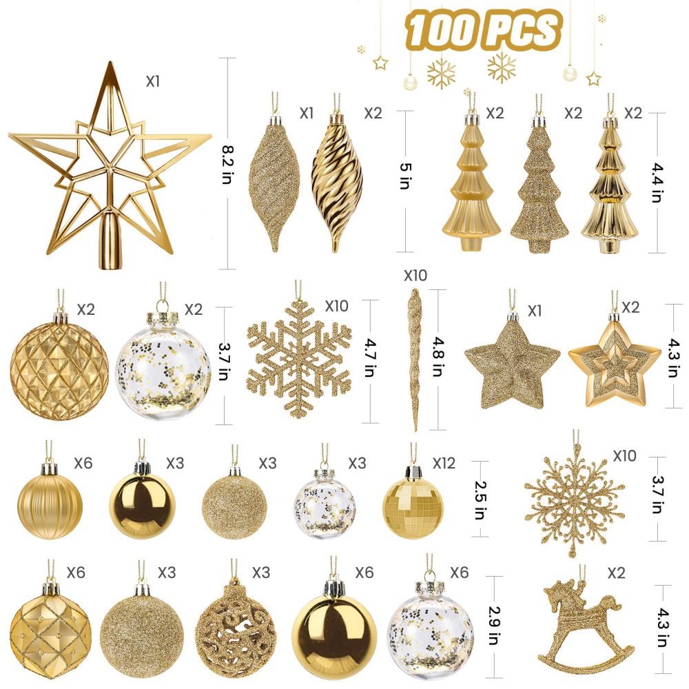 SHareconn 100pcs Christmas Tree Decorations Ornaments Set, Shatterproof Plastic Christmas Baubles Decorative Balls for Xmas Tree Decor Holiday Wedding Party, Glod - Image 5
