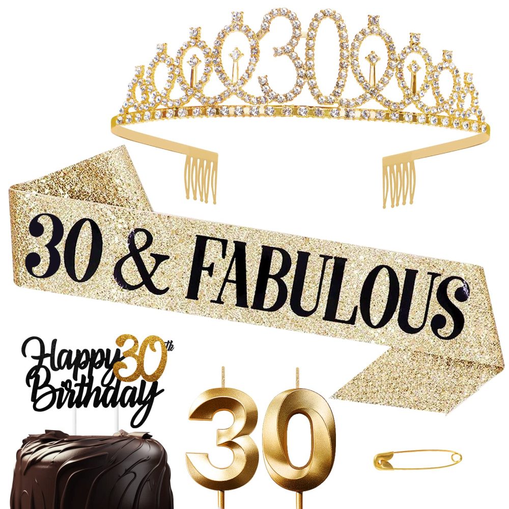 30th Birthday Sash and Tiara Crown Gold 30th Sash Rhinestone Tiara Crown 30th Birthday Number Candles Cake Toppers for Women 30th Birthday Gift Party Decorations Supplies