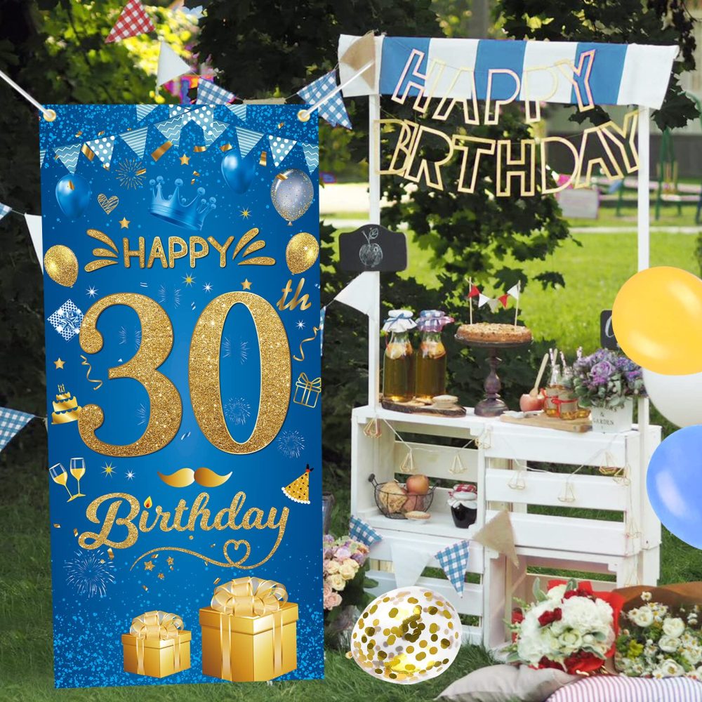 30th Happy Birthday Banner - 30th Birthday Decorations Party Birthday Banner Blue Gold Fabri Birthday Backdrop Door Wall Birthday Decorations for Men Women, 30th Anniversary Birthday Party Supplies - Image 4
