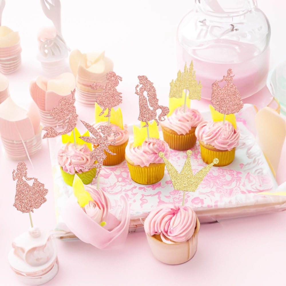 Ephlyn 24Pcs Glitter Princess Cupcake Toppers Mermaid Castle Girl Birthday Cupcake Toothpicks for Princess Mermaid Theme Baby Shower Birthday Party Cake Decorations Rose Gold - Image 5
