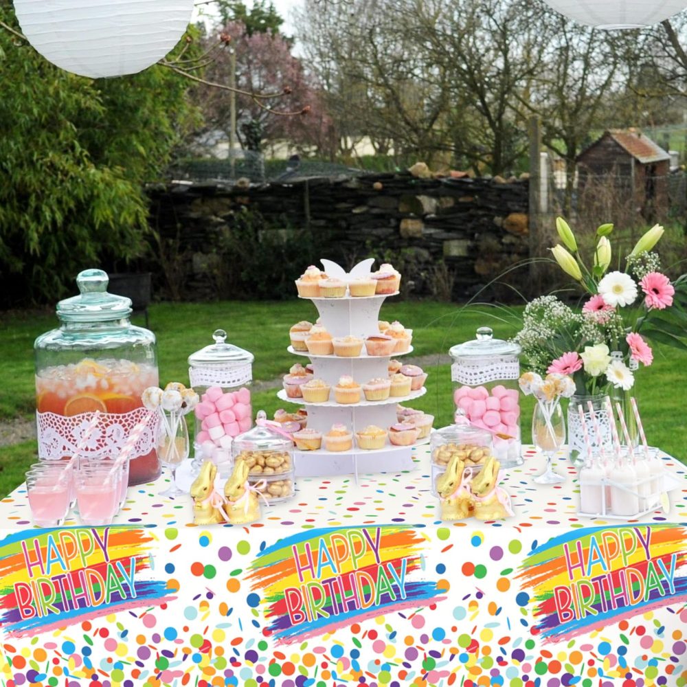 FunHot Birthday Tablecloth, Colorful Birthday Decorations, 54 x 108 Inch Waterproof Rectangle Happy Birthday Table Cover for Baby Shower Boys Girls Women Men Birthday Party Decorations - Image 5