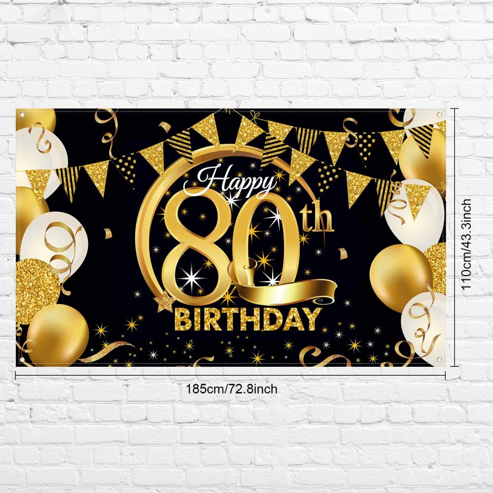 Birthday Party Decoration Extra Large Fabric Black Gold Sign Poster for Anniversary Photo Booth Backdrop Background Banner, Birthday Party Supplies, 72.8 x 43.3 Inch (80th) - Image 6