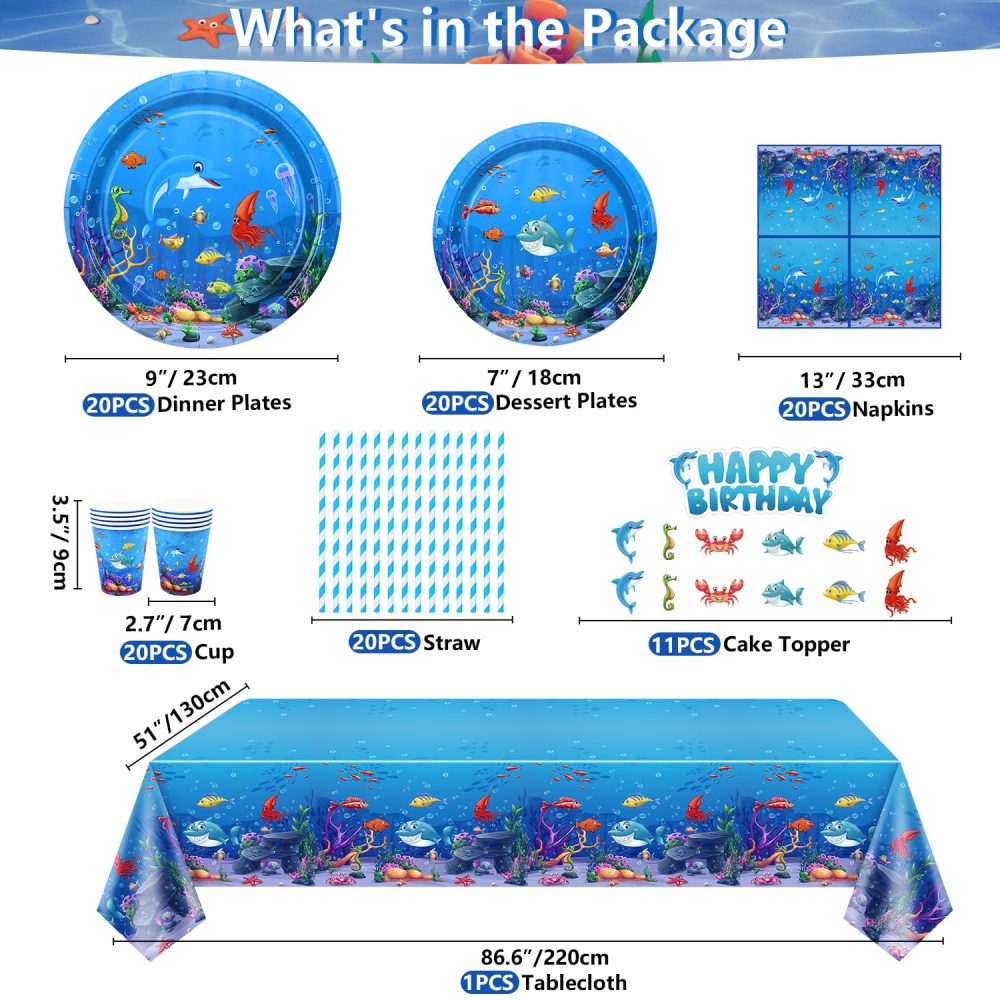 188 Pack Under the Sea Party Supplies Ocean Sea Party Tableware Set - Plates Cups Napkins Tablecloth Banner Balloons Cake Toppers for Underwater World Summer Beach Birthday Party Decorations Serves 20 - Image 4