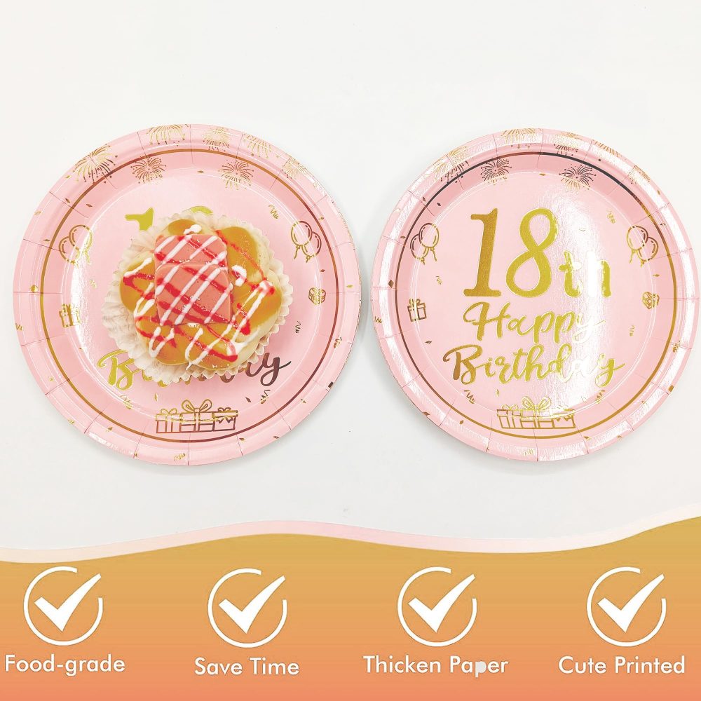 16Pcs Pink Gold 18th Birthday Paper Plates 7",Birthday Tableware Party Plate Disposable,Happy 18th Birthday Decorations Plates for Boys,Girls,Kids,Him,Her 18th Birthday Party Decorations Supplies - Image 5