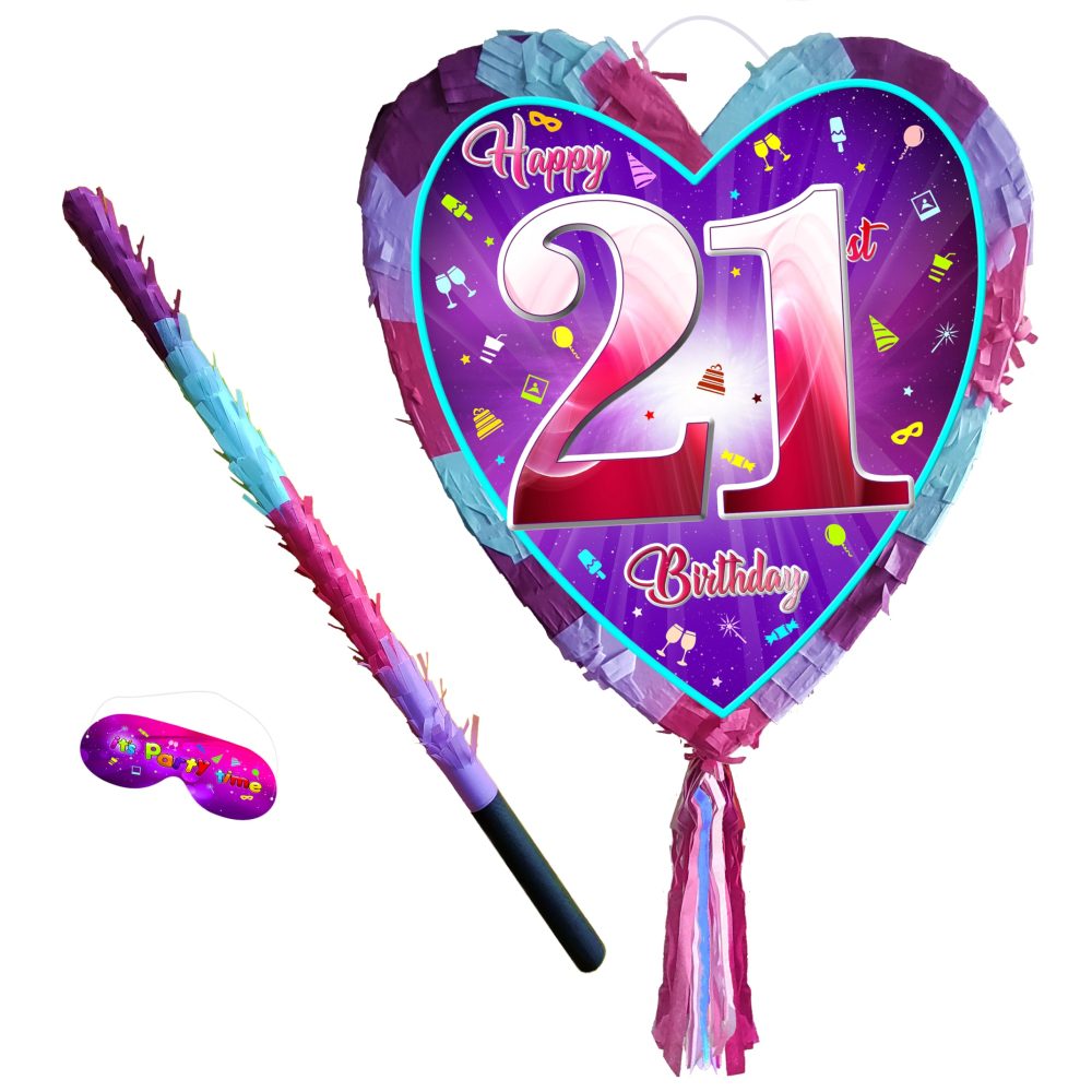 21st birthday pinata with stick - Girls Twenty-First party smashing game - Big 41cm x 38cm
