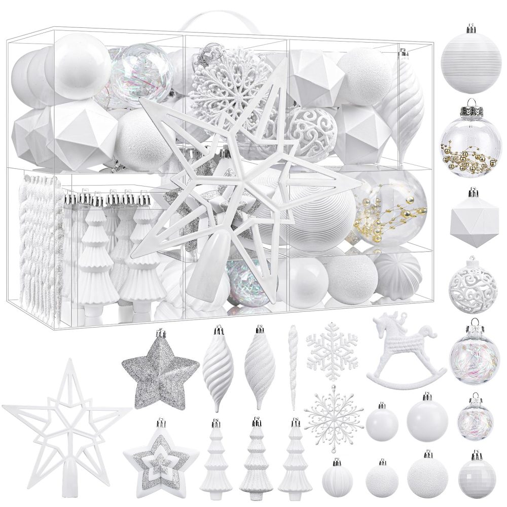 SHareconn 100pcs Christmas Tree Decorations Ornaments Set, Shatterproof Plastic Christmas Baubles Decorative Balls for Xmas Tree Decor Holiday Wedding Party, White