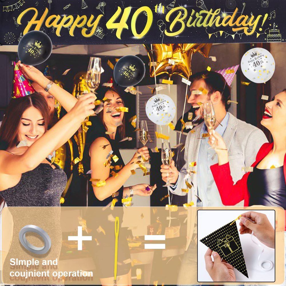 40th Birthday Decoration Kit, 13 Pieces Birthday Party Decoration Include Happy 40th Birthday Banner, Bunting, 12” Latex Printed Balloons, 9ft Banner for Women Men 40th Birthday Decorations Supplies - Image 4