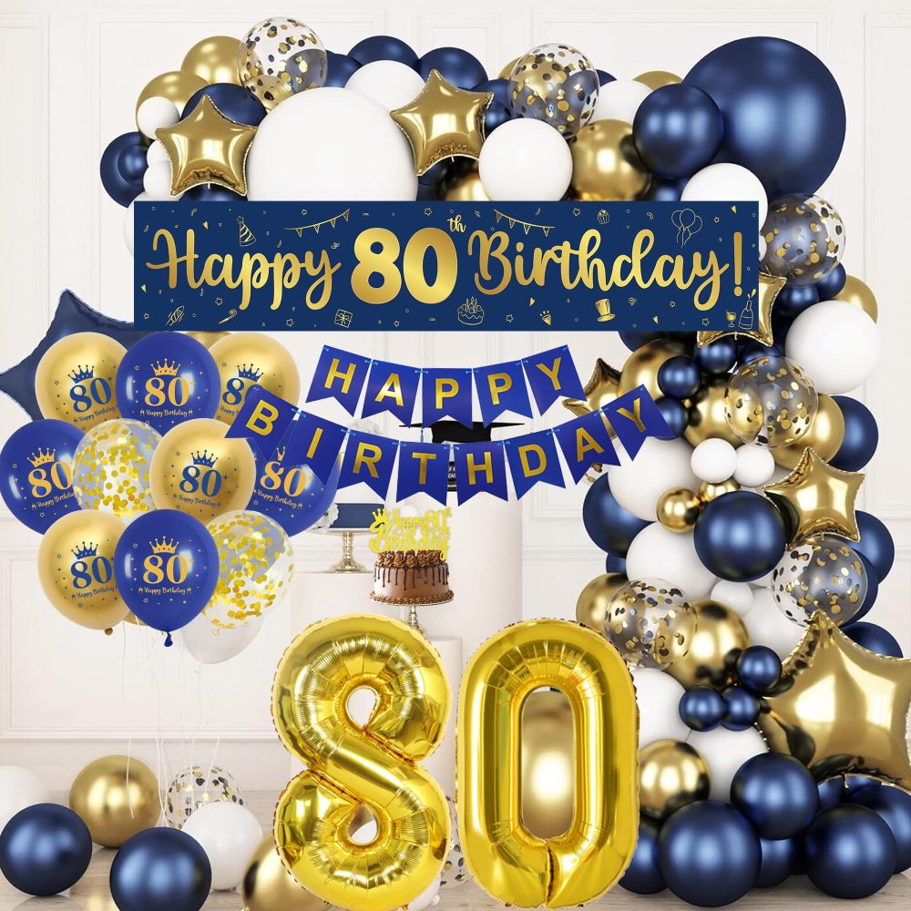 80th Birthday Decorations Men Navy - 47 Pieces Navy Blue Gold 80th Birthday Party Decor, Happy Birthday Banners, Number 80 Balloon, Cake Topper, Love Foil Balloons for Mens 80 Birthday Supplies - Image 2