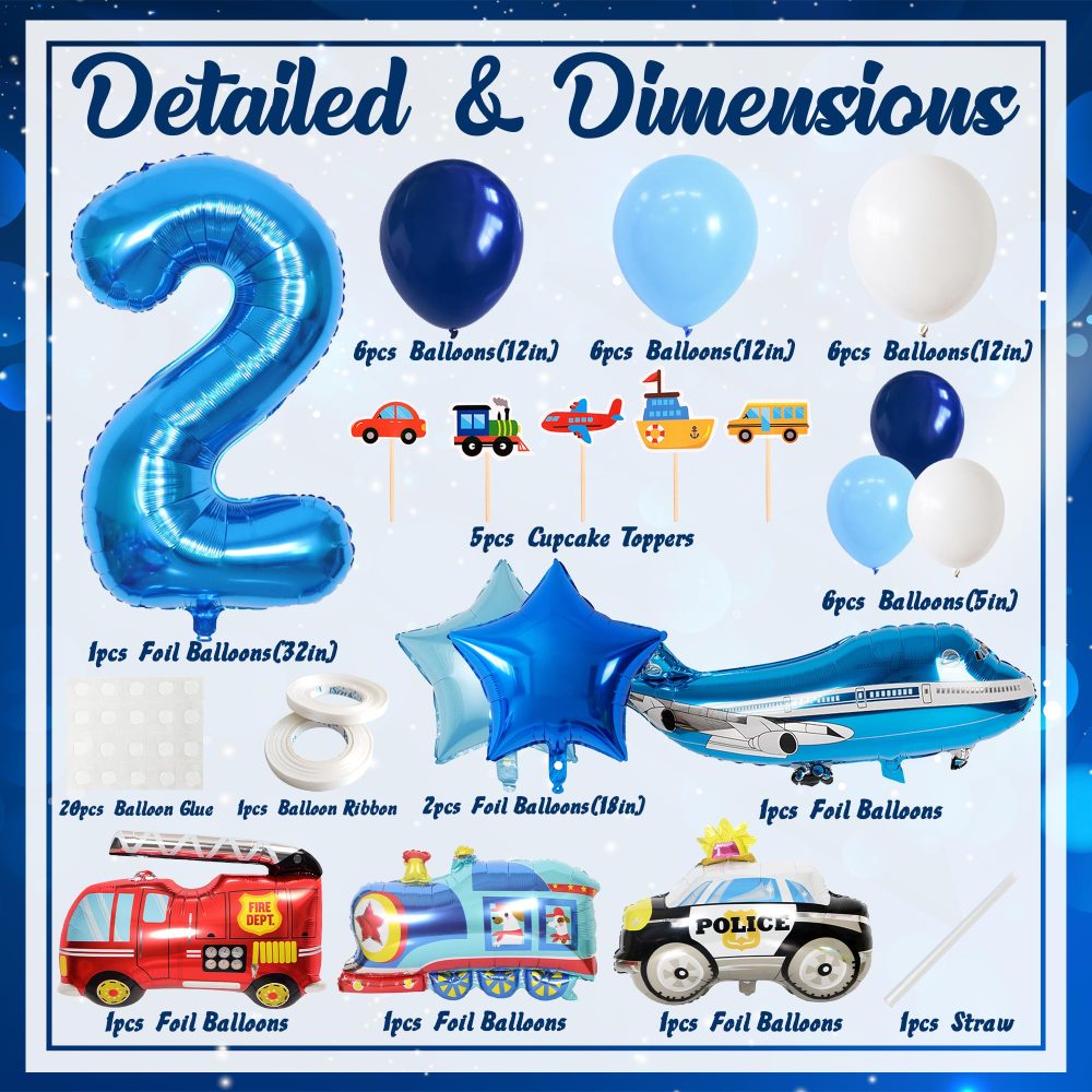 Transportation 2nd Birthday Decorations Boy - Blue Transportation 2nd Party Supplies with Numbers Stars Car Foil Balloons Cupcake Topper for 2 Year Olds Vehicle Theme Party - Image 7