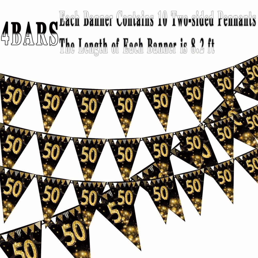KTFNOMES Happy 50th Birthday Banner Bunting Flags Gold and Black Glitter Anniversary Party Decoration Supplies,50th Birthday Triangle Flag Banners for Men Women,7.1 x 10.2 inch,40 Pieces - Image 4