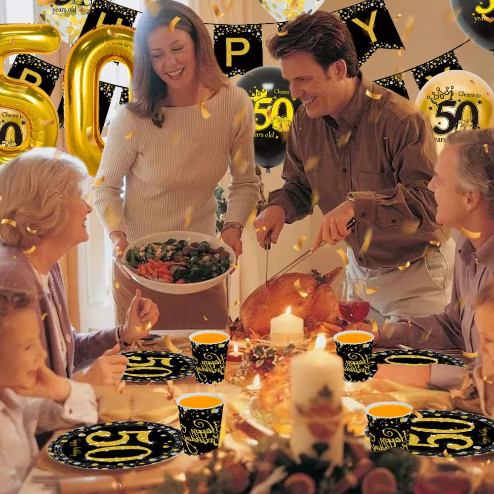 50th Birthday Decorations Party Tableware Set, Black Gold 50th Birthday Paper Party Plates Cups Napkins Tablecloth Balloons for Women Men 50th Birthday Party Decorations Table Supplies, 16 Guests - Image 5
